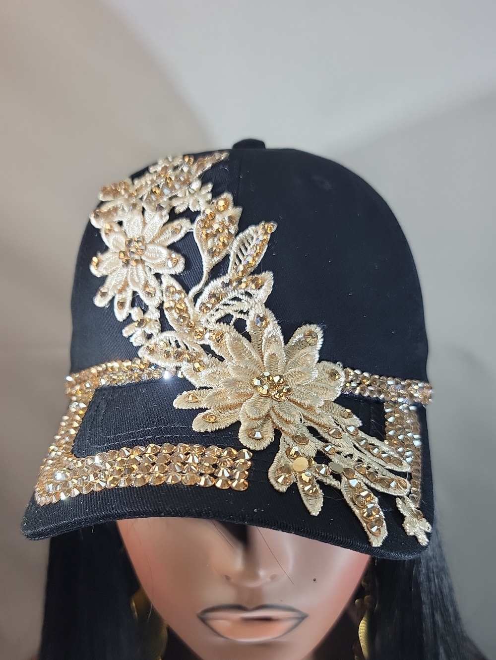 Gold Embellished Black Baseball Cap - Elegant Floral Accent
